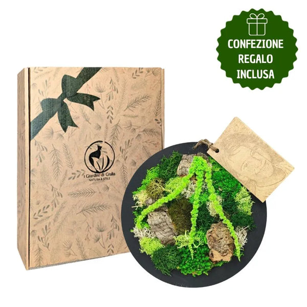 Mini tableau rond en mousse et lichen stabilisés avec boîte cadeau