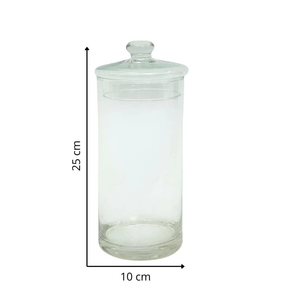 Contenitore in vetro soffiato vuoto con coperchio, altezza 25 cm e diametro 10 cm