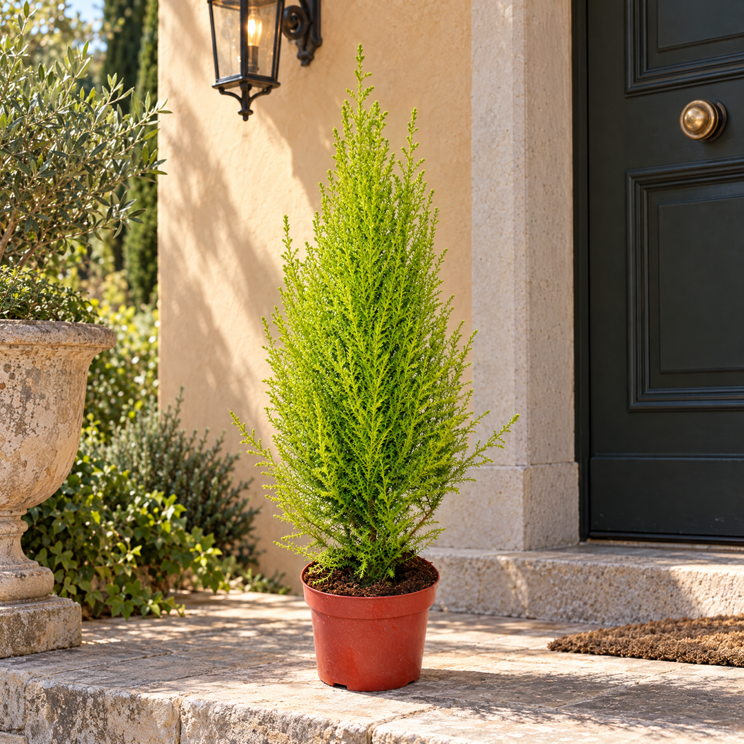 Cupressus Goldcrest Wilma da esterno all'ingresso di casa, alto circa 80 cm