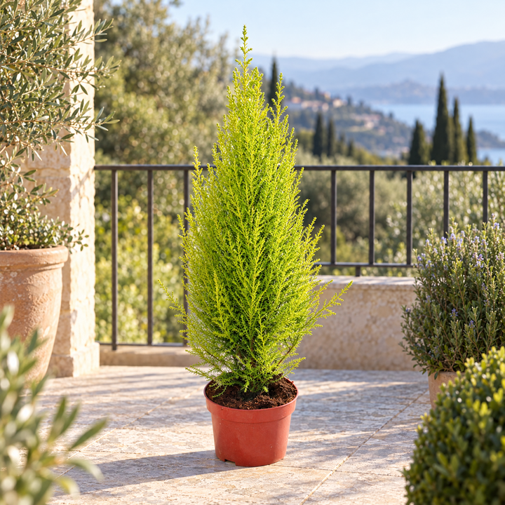 Cupressus Goldcrest Wilma in vaso da 14 cm su un terrazzo soleggiato