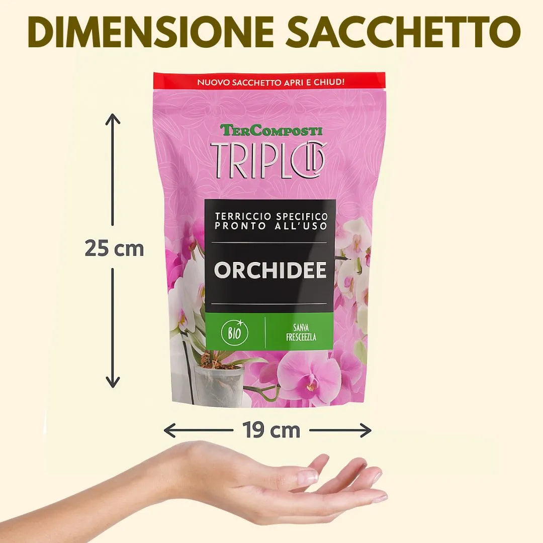 Confezione di terriccio specifico per orchidee Triplo Bio con dimensioni illustrate: 25 cm di altezza per 19 cm di larghezza.