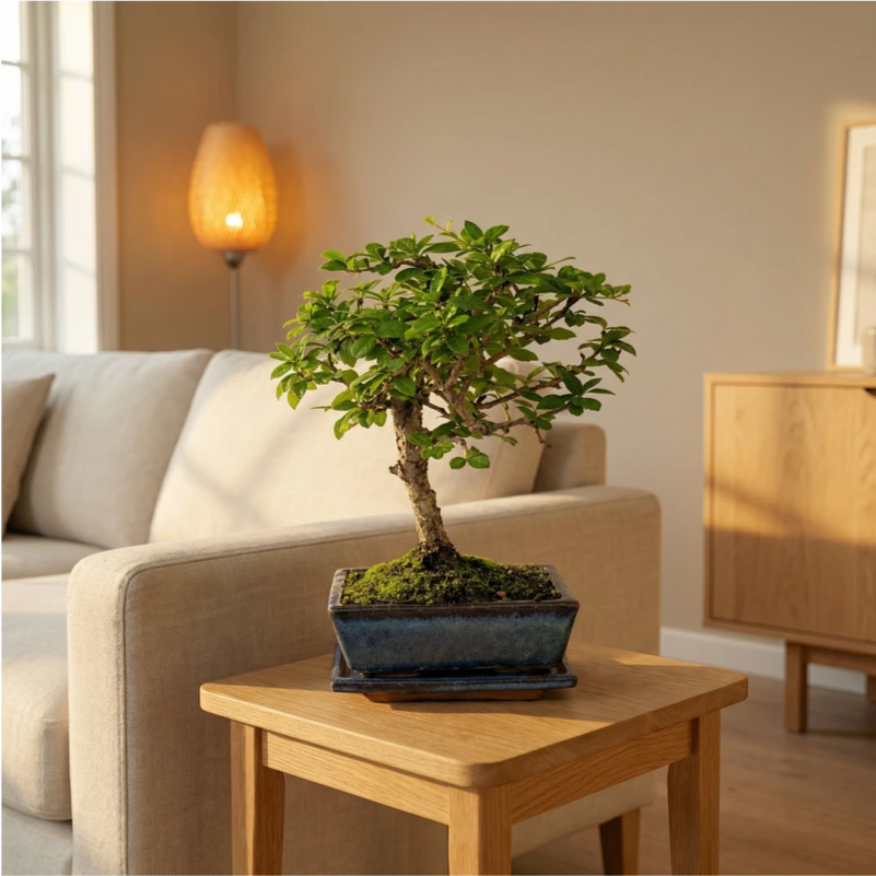 Bonsai Carmona Microphylla 5 anni - foglie lucide e tronco naturale su tavolino in soggiorno luminoso