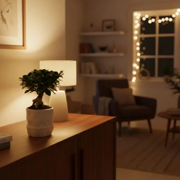 Bonsai Ficus Ginseng, vista ravvicinata del tronco scultoreo e delle foglie in vaso di ceramica