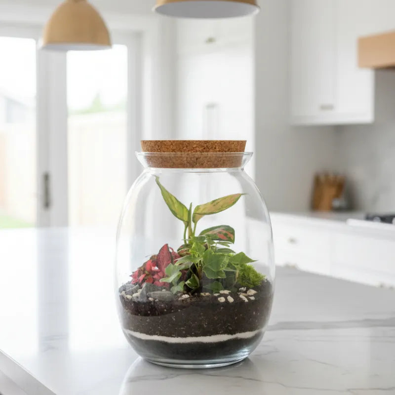 Terrarium piante in vetro - Dettaglio delle piante verdi all'interno