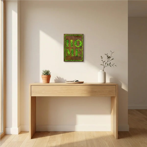 quadro vegetale stabilizzato - dettaglio della scritta HOME in muschio a rilievo