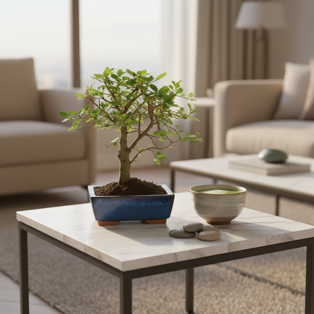 Bonsai Olmo Giapponese Zelkova Parvifolia su tavolino in marmo con tè matcha e pietre zen, atmosfera serena