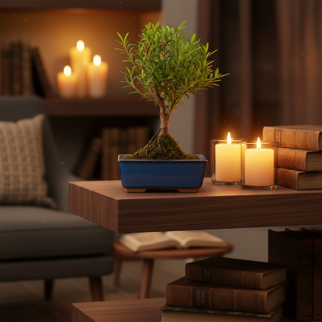 Bonsai Syzygium Buxifolium sempreverde - bonsai con foglie verdi compatte e tronco robusto su una mensola in legno scuro, illuminato da luce calda e soffusa