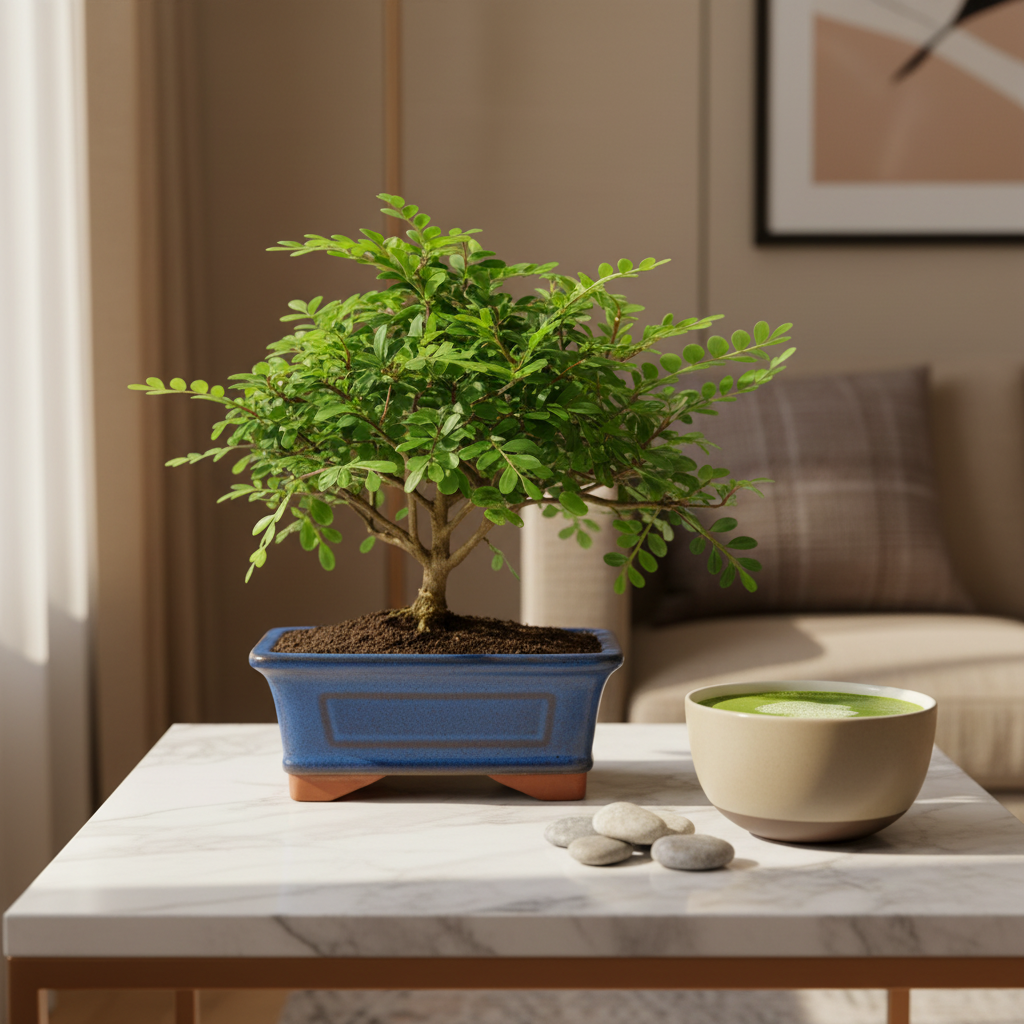 Bonsai Zanthoxylum Piperitum 5 anni - in un'ambientazione zen con tazza di tè e pietre