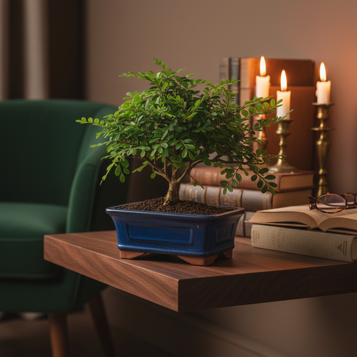 Bonsai Zanthoxylum Piperitum - vista laterale con rami eleganti su mensola di legno