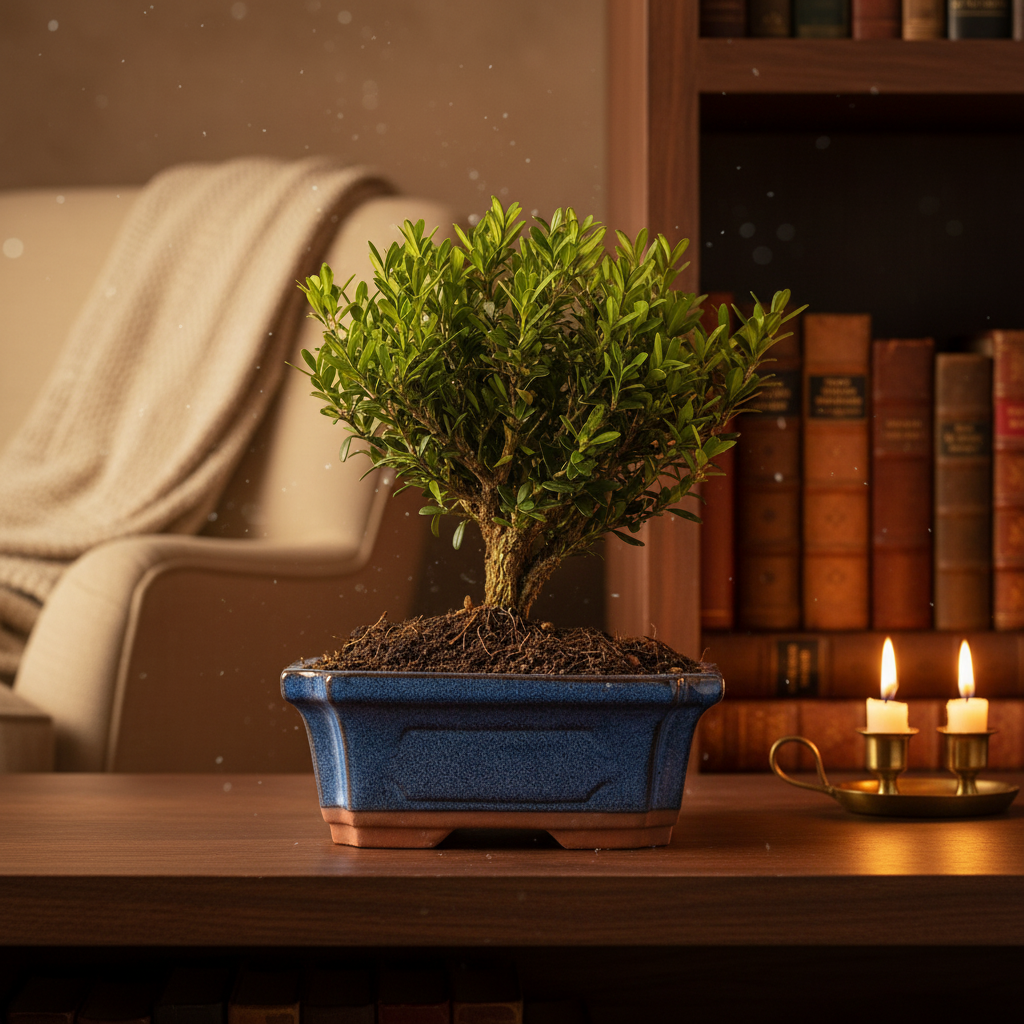 Bonsai Buxus Harlandii 6 anni - su mensola in noce scuro in un ambiente interno premium