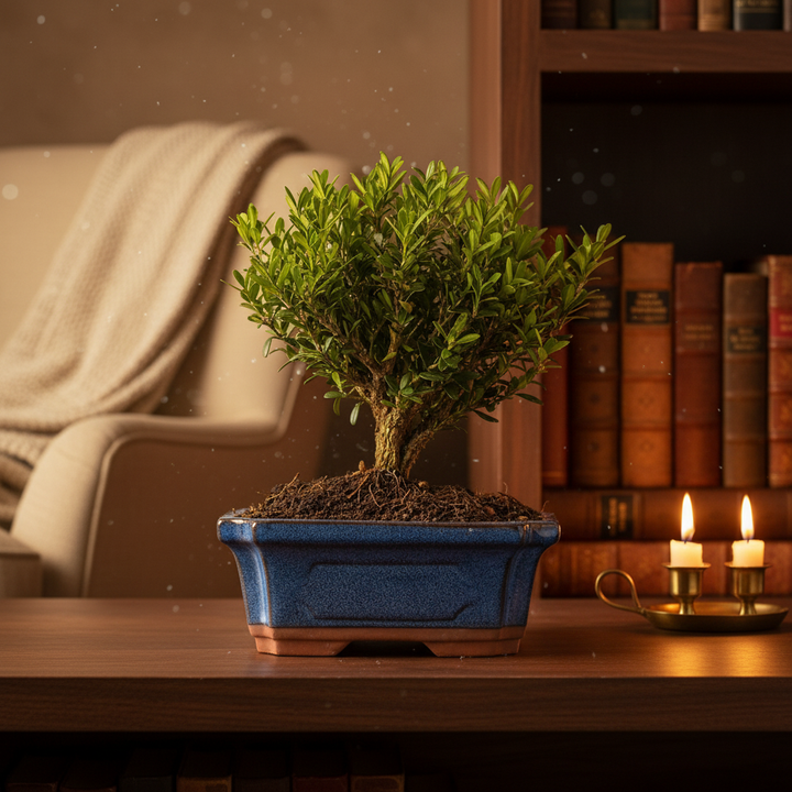 Bonsai Buxus Harlandii 6 anni - su mensola in noce scuro in un ambiente interno premium