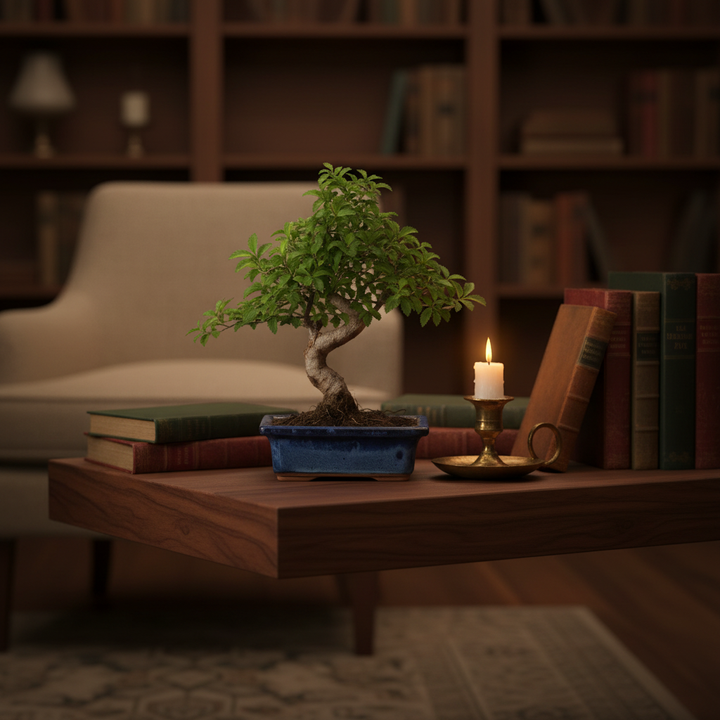 Bonsai Zelkova Parvifolia Premium su mensola in noce scuro, arredamento interno