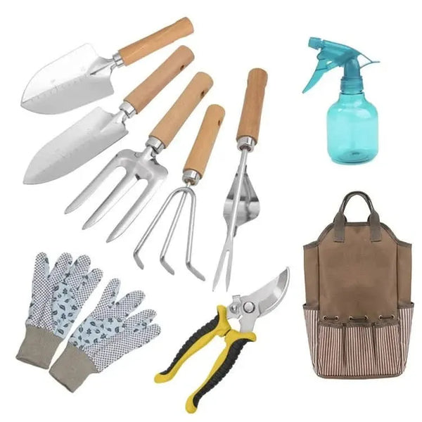 Kit complet d'outils de jardinage - Ensemble de 9 pièces avec sac de rangement