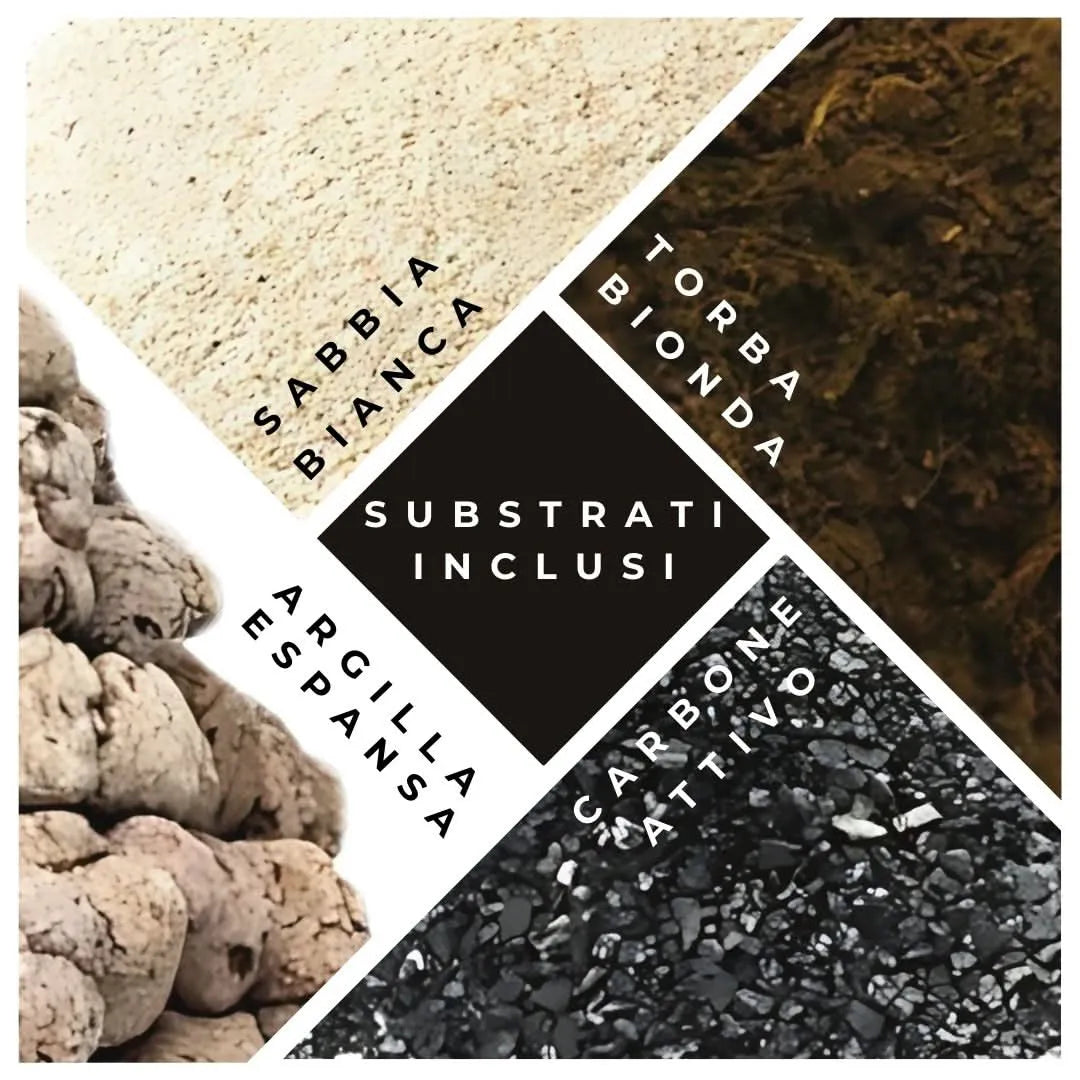 Substrati per terrarium - sabbia, torba, argilla espansa e carbone attivo illustrati