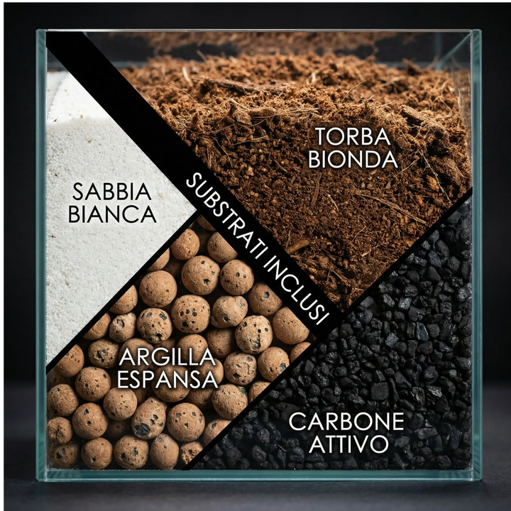 Dettaglio dei substrati per terrarium con sabbia bianca, torba bionda, argilla espansa e carbone attivo