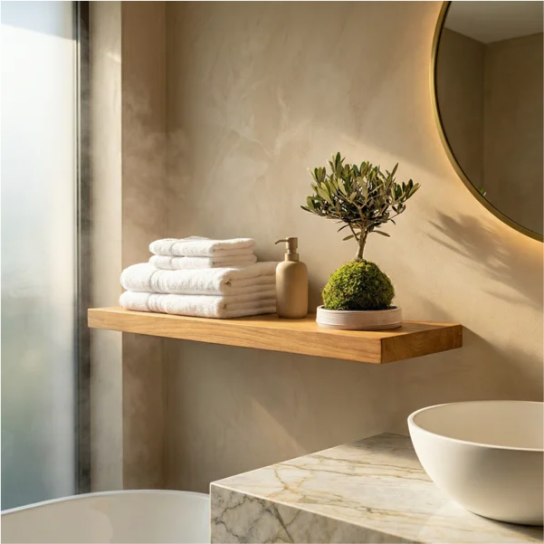 Kokedama Olivo - in bagno su mensola in teak, specchio retroilluminato, design moderno