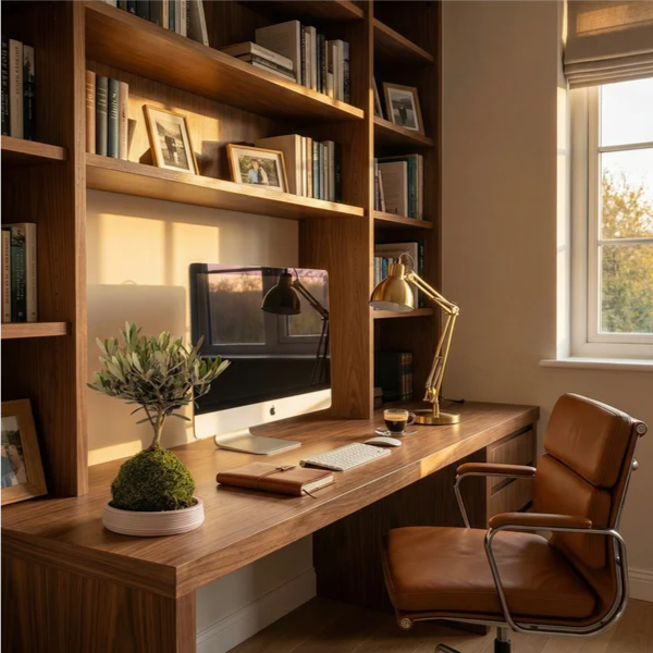 Kokedama Olivo Bonsai - dettaglio su scrivania moderna con accessori, luce calda