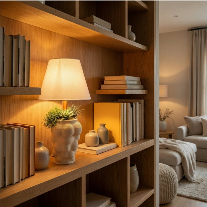 Lampada da tavolo con composizione di piante grasse decorative posizionata su libreria in legno in soggiorno moderno.