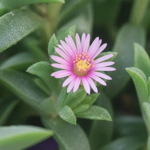 Mesembryanthemum - dettaglio ravvicinato di un fiore rosa con petali sottili e centro giallo