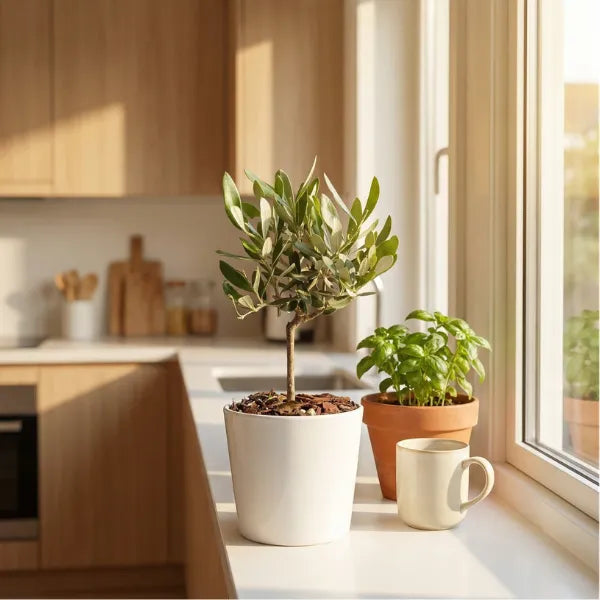 Bonsai Olivo in ceramica bianca su davanzale cucina luminoso, vivaio Puglia