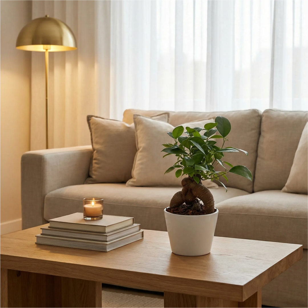 Bonsai Ficus Ginseng Mini - pianta su tavolino in soggiorno moderno con divano e cuscini