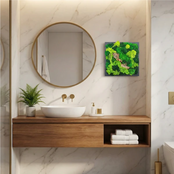 Quadro di muschio e licheni stabilizzati - dettaglio texture e colori naturali con corteccia