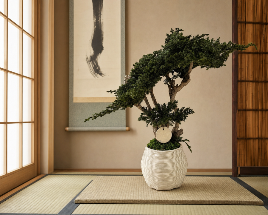 Bonsai Kumori Nagi in ginepro stabilizzato esposto in un tokonoma