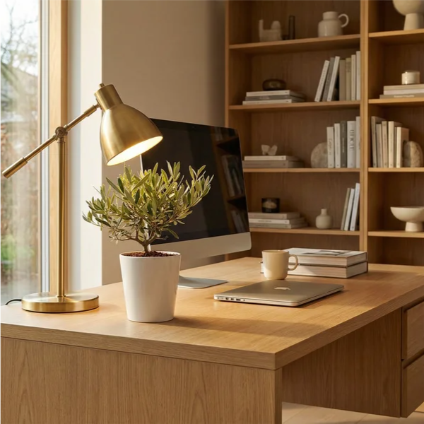 Olivo Bonsai - dettaglio pianta in vaso ceramica su scrivania home office