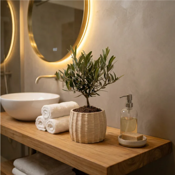 Olivo bonsai in vaso di ceramica Dioniso su mensola in teak in un bagno spa