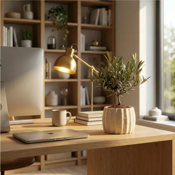 Olivo bonsai in vaso di ceramica Dioniso su scrivania moderna con lampada in ottone