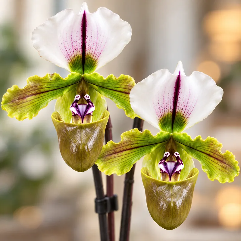 Dettaglio dei fiori del Paphiopedilum, orchidea scarpetta di Venere: petalo bianco venato di porpora, petali verdi e labello a sacchetto