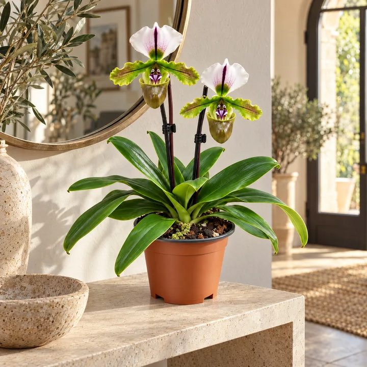 Paphiopedilum con 2 steli fioriti in vaso da 9 cm su una consolle dell'ingresso di casa