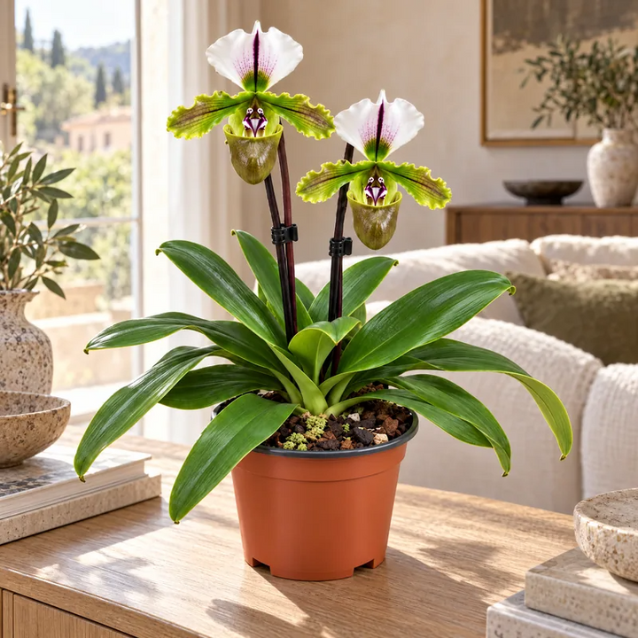 Orchidea scarpetta di Venere Paphiopedilum con 2 steli fioriti su un mobile del soggiorno vicino alla finestra