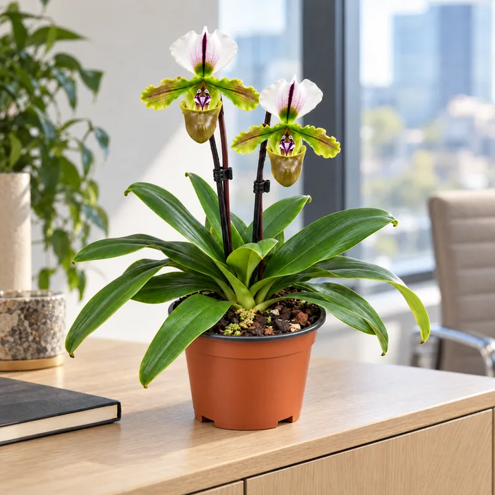Orchidea Paphiopedilum alta 22 cm con 2 steli fioriti sulla scrivania di un ufficio luminoso