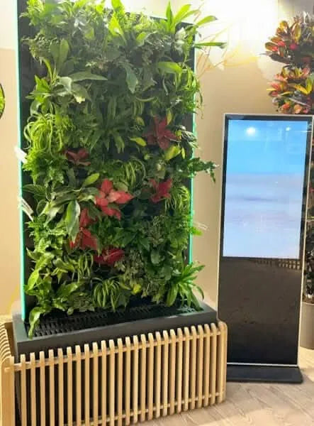 Parete verde installata in interno con sistema Verde Viva acceso e illuminazione laterale

