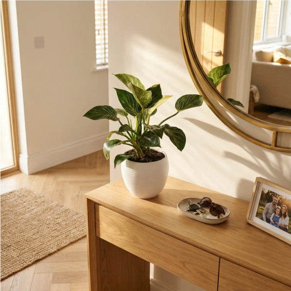 Philodendron Birkin in vaso Manacor - pianta da interno su consolle rovere in ingresso moderno con specchio ottone