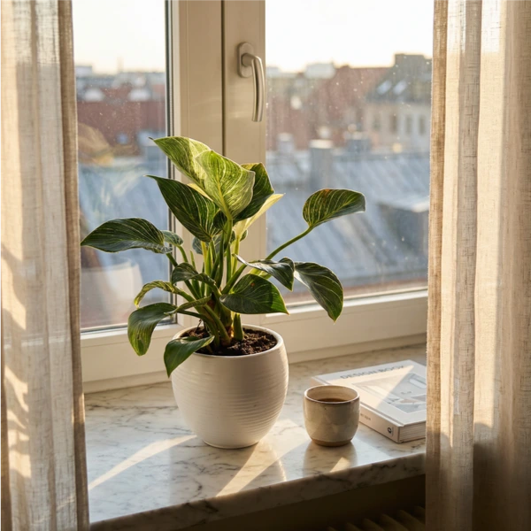 Philodendron Birkin in vaso Manacor - pianta da interno come centrotavola su tavolo rovere con lampadario ottone caldo