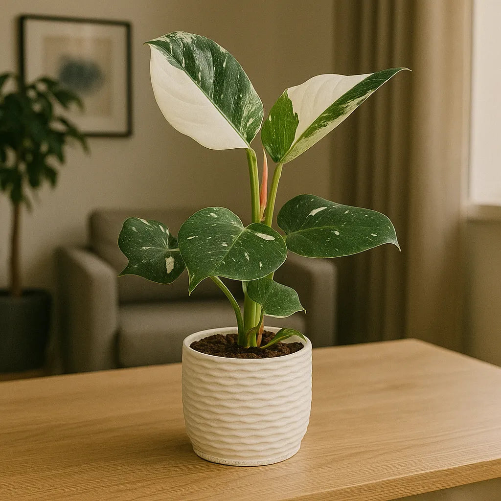 Philodendro White in vaso di ceramica bianca - pianta variegata su tavolo