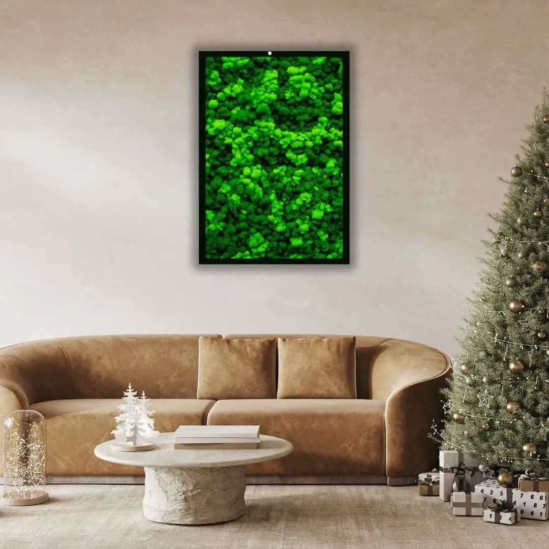 Quadri muschio stabilizzato rettangolari con cornice nera in un salotto moderno