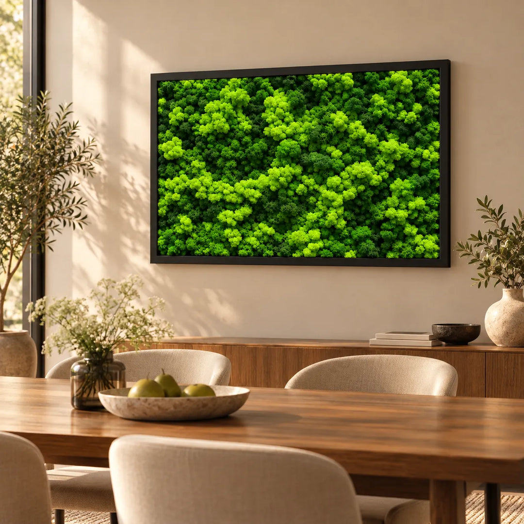 Quadro di lichene stabilizzato 103x73 cm con cornice nera appeso sopra il tavolo di una sala da pranzo