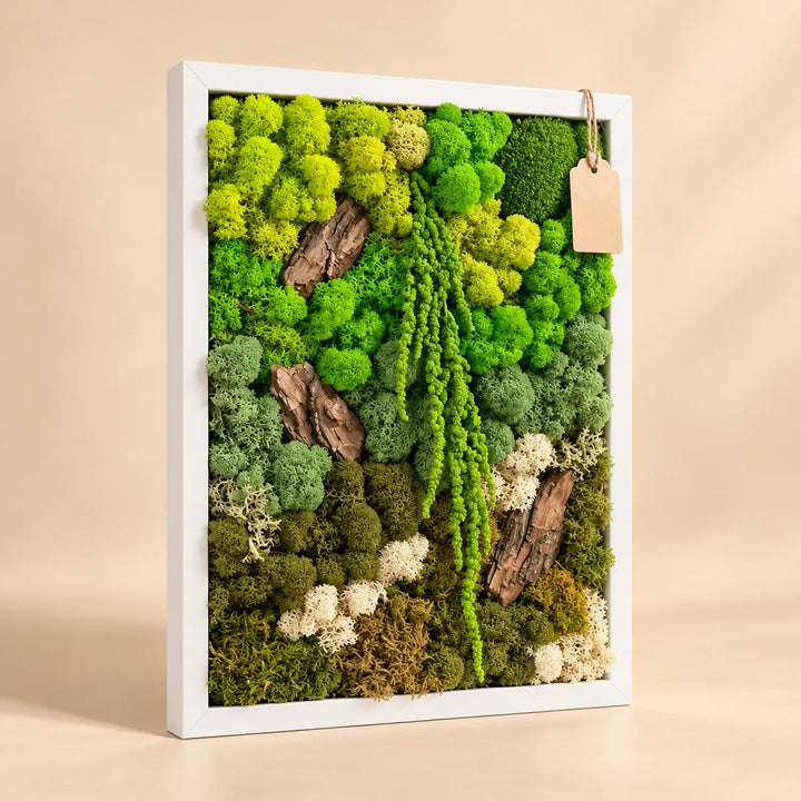 Quadro in muschio e licheni stabilizzati EcoMosaico 43x53 cm con cornice bianca, corteccia naturale e muschio pendente