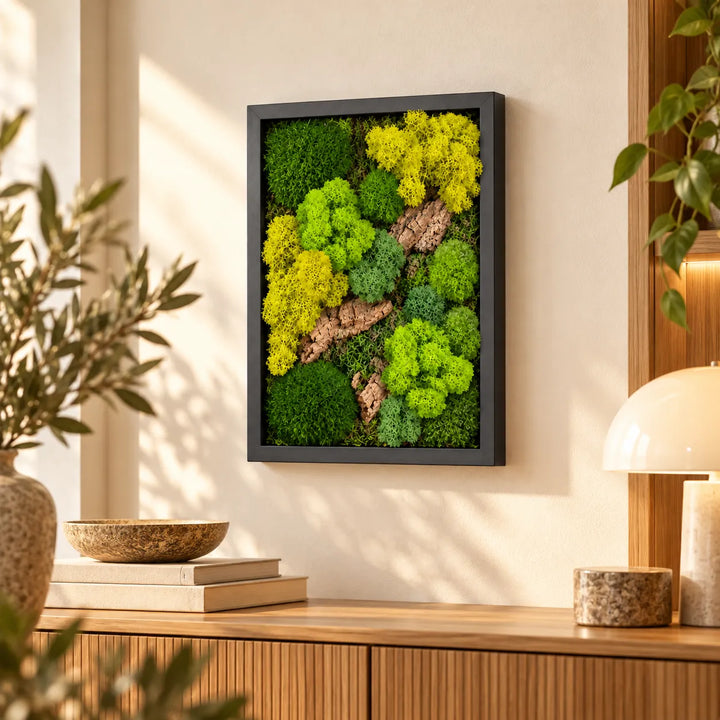 Quadro di muschio stabilizzato 33x24 cm con cornice nera appeso sopra la credenza in legno del soggiorno