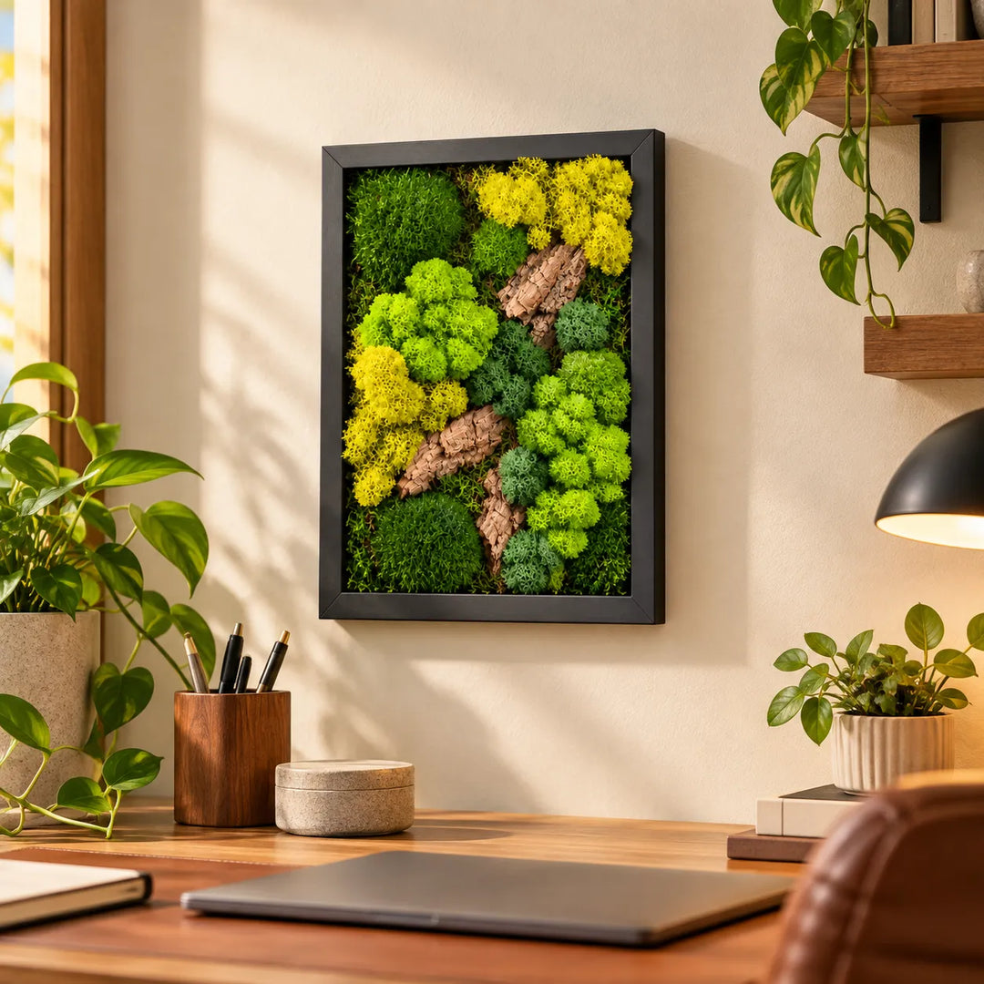 Quadro di muschio stabilizzato 33x24 cm con cornice nera appeso sopra la scrivania di uno studio