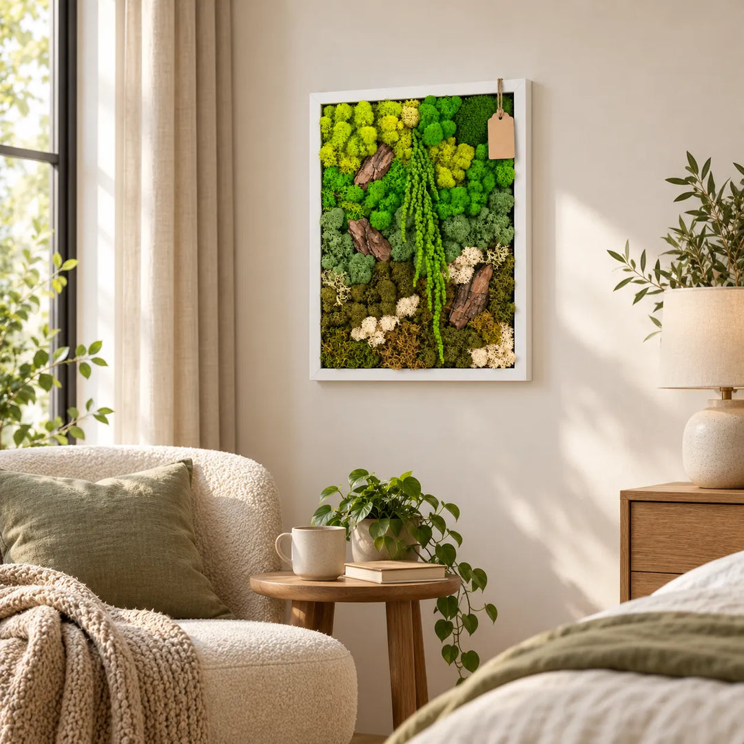 Quadro in muschio stabilizzato EcoMosaico 43x53 cm con cornice bianca in camera da letto accanto alla poltrona