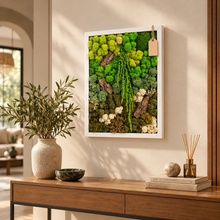 Quadro in verde stabilizzato EcoMosaico 43x53 cm con cornice bianca sopra la consolle dell'ingresso