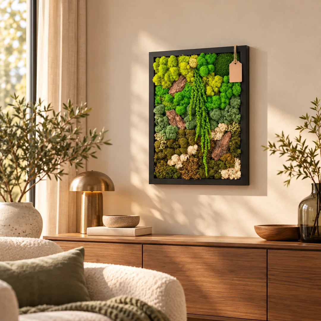 Quadro in verde stabilizzato EcoMosaico 43x53 cm con cornice nera sopra la credenza in legno del soggiorno