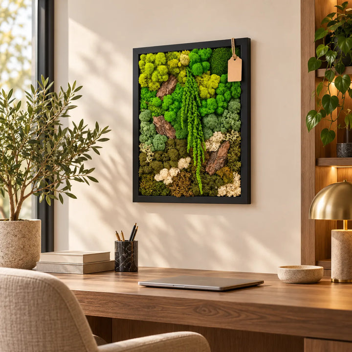 Quadro in muschio stabilizzato EcoMosaico 43x53 cm con cornice nera appeso sopra la scrivania di uno studio