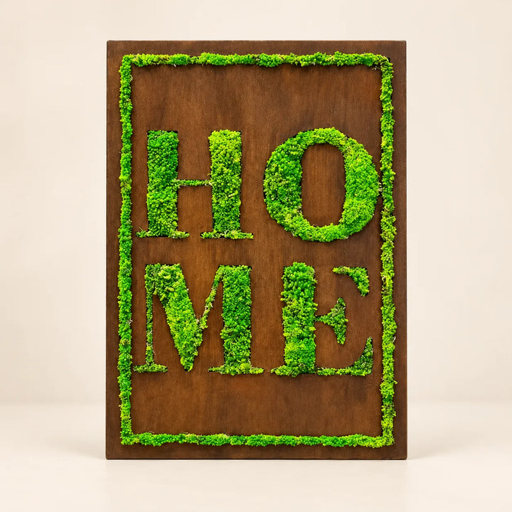 Quadro in muschio stabilizzato con scritta HOME e cornice in muschio su pannello di legno scuro, 50x35 cm