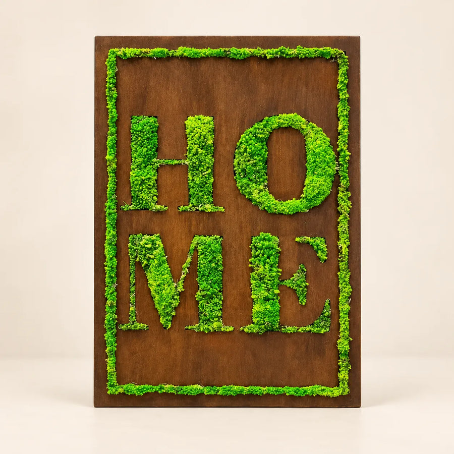 Quadro in muschio stabilizzato con scritta HOME e cornice in muschio su pannello di legno scuro, 50x35 cm