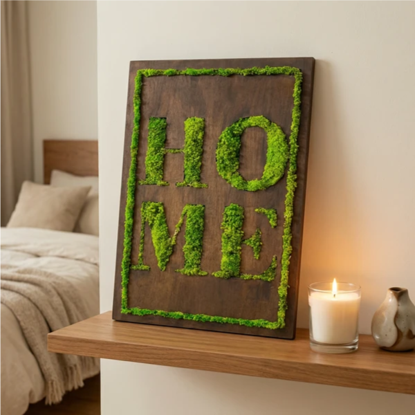 Quadro con scritta HOME in muschio stabilizzato su legno, 50x35 cm, appoggiato su una mensola in camera da letto